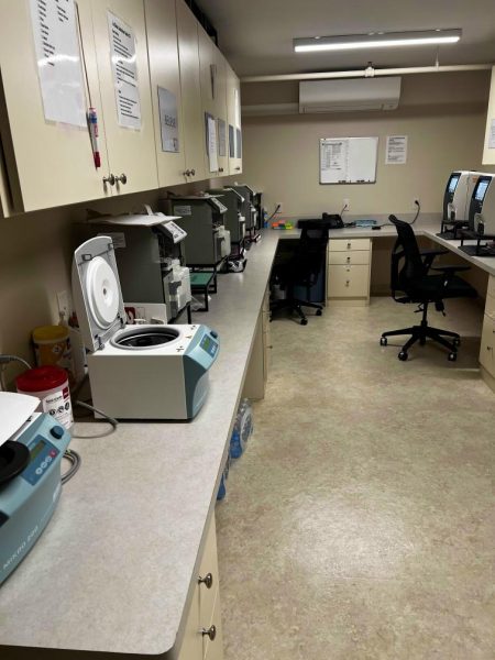 Clinical research center biochemestry analyzer room designed for clinical trials requiring consistant blood sampling.